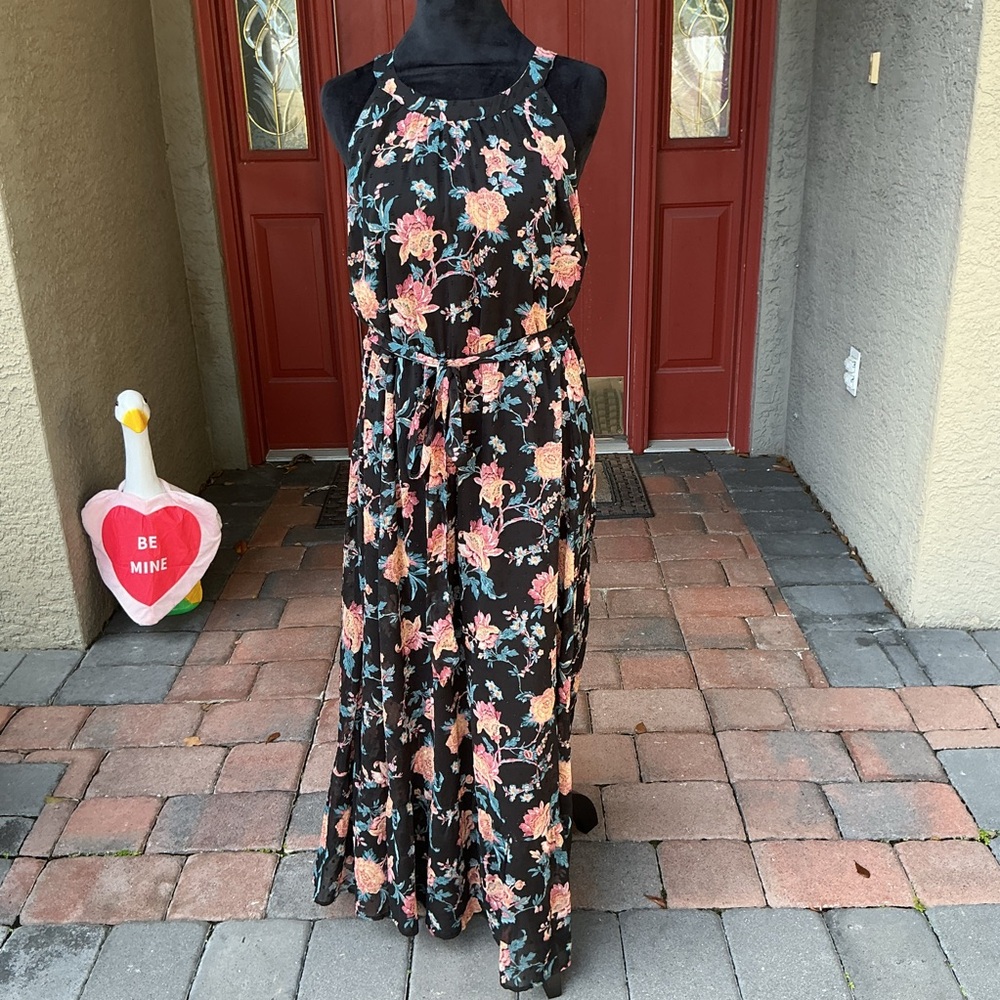 Dark Floral Boho Black, Pink, and Coral Halter Tea Length Dress